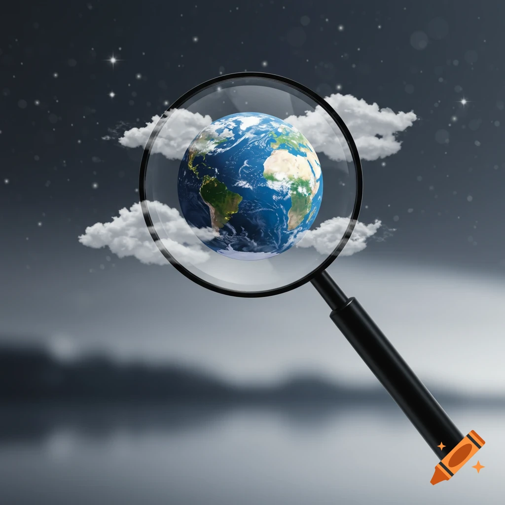 A magnifying glass reveals a detailed globe of Earth with continents and city lights, set against a dark, cloudy, starry sky.