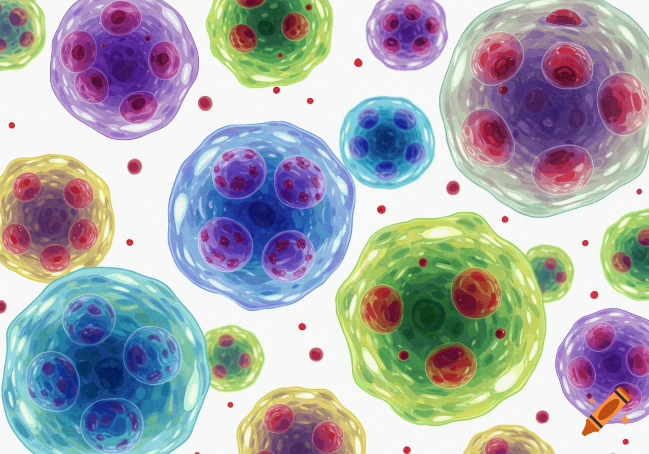 A vibrant pattern of multicolored cells with internal structures and red surface dots on a white background.