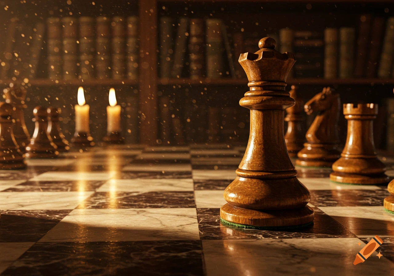 A wooden chess queen stands prominently on a marble chessboard, lit by candlelight, with blurred bookshelves in the background.