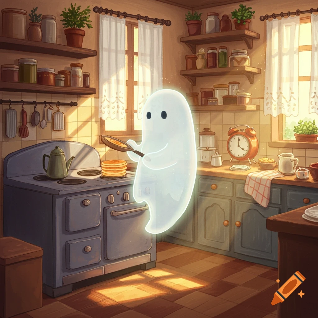 A translucent white ghost cooks pancakes on a stove in a warm, sunlit kitchen with shelves of jars and potted plants.