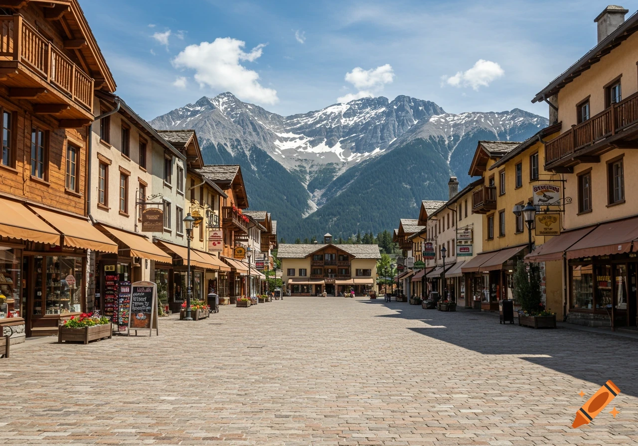A photorealistic view of a cobblestone town square lined with shops, backed by majestic, snow-capped mountains under a blue sky.