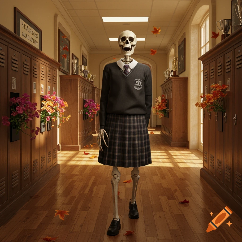 A skeleton student in a school uniform stands in a sunny wooden hallway with lockers, flowers, and fallen autumn leaves.
