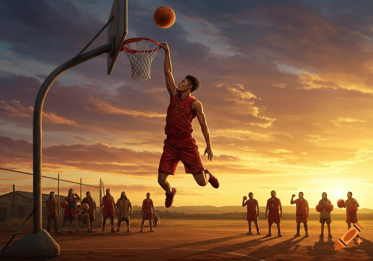 A male basketball player dunks a ball at sunset on an outdoor court, with other players watching. Digital art.