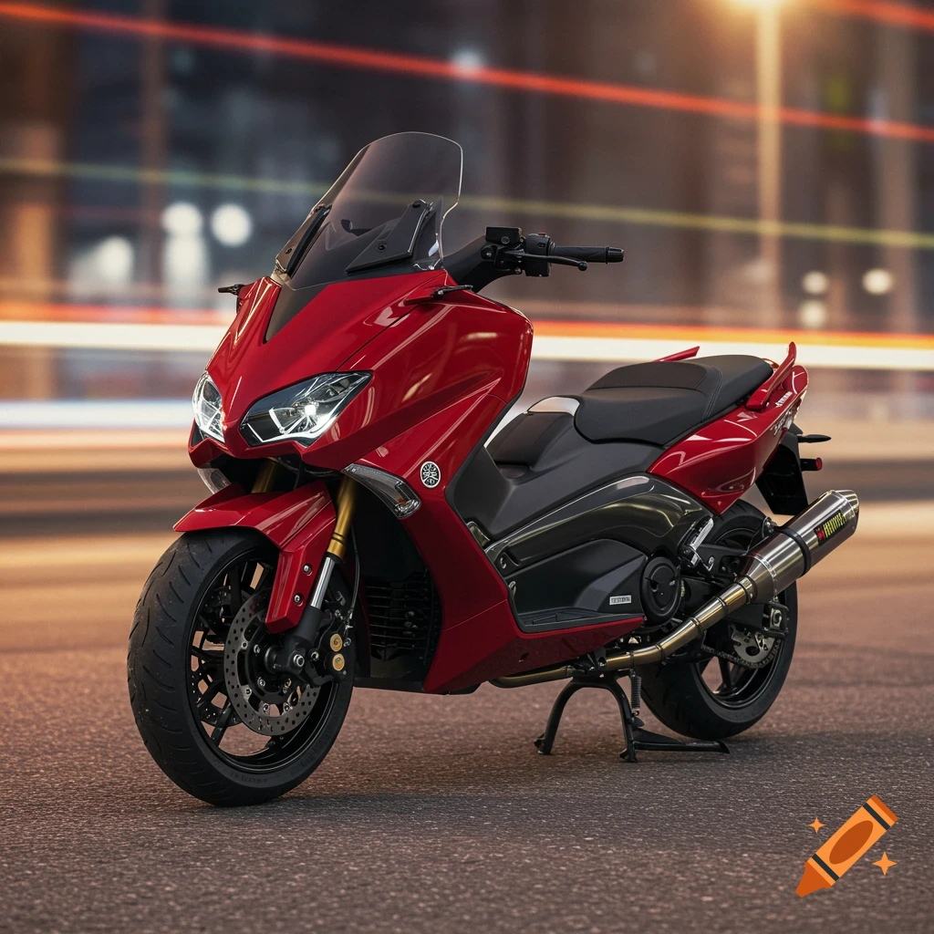 A photorealistic red Yamaha TMAX scooter with an Akrapovic exhaust system, parked on asphalt with blurred city lights in the background.