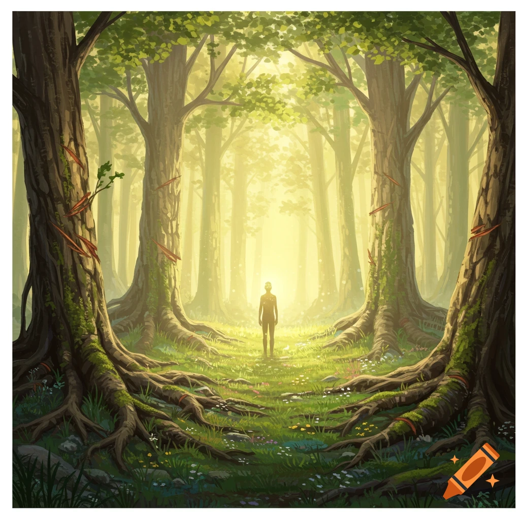 A tranquil figure stands in a sunlit, dreamlike forest clearing between large trees with gnarled roots and mossy bark.