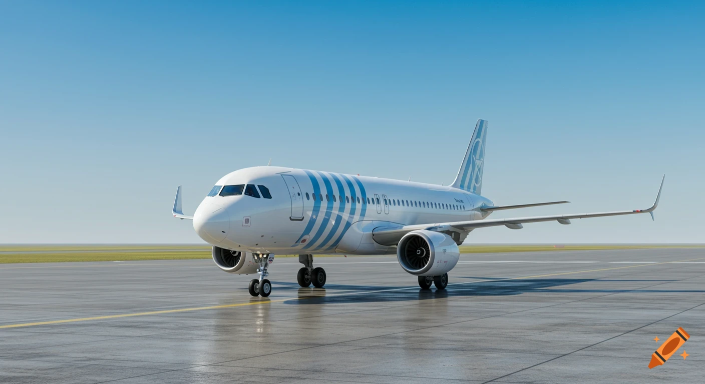 A white passenger airplane with blue stripes on the fuselage and tail, parked on an airport tarmac under a clear blue sky.