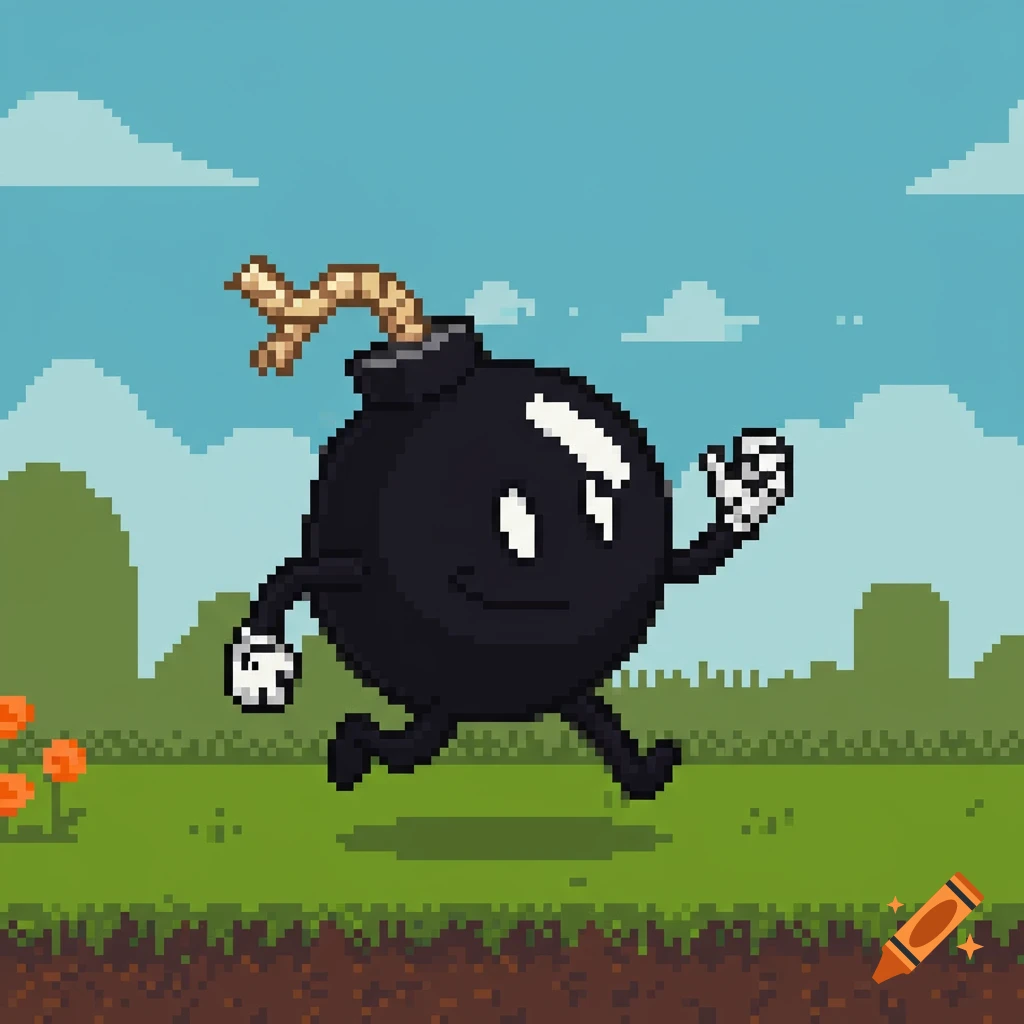 A pixel art cartoon bomb with a fuse, legs, and arms runs across a green landscape under a blue sky.