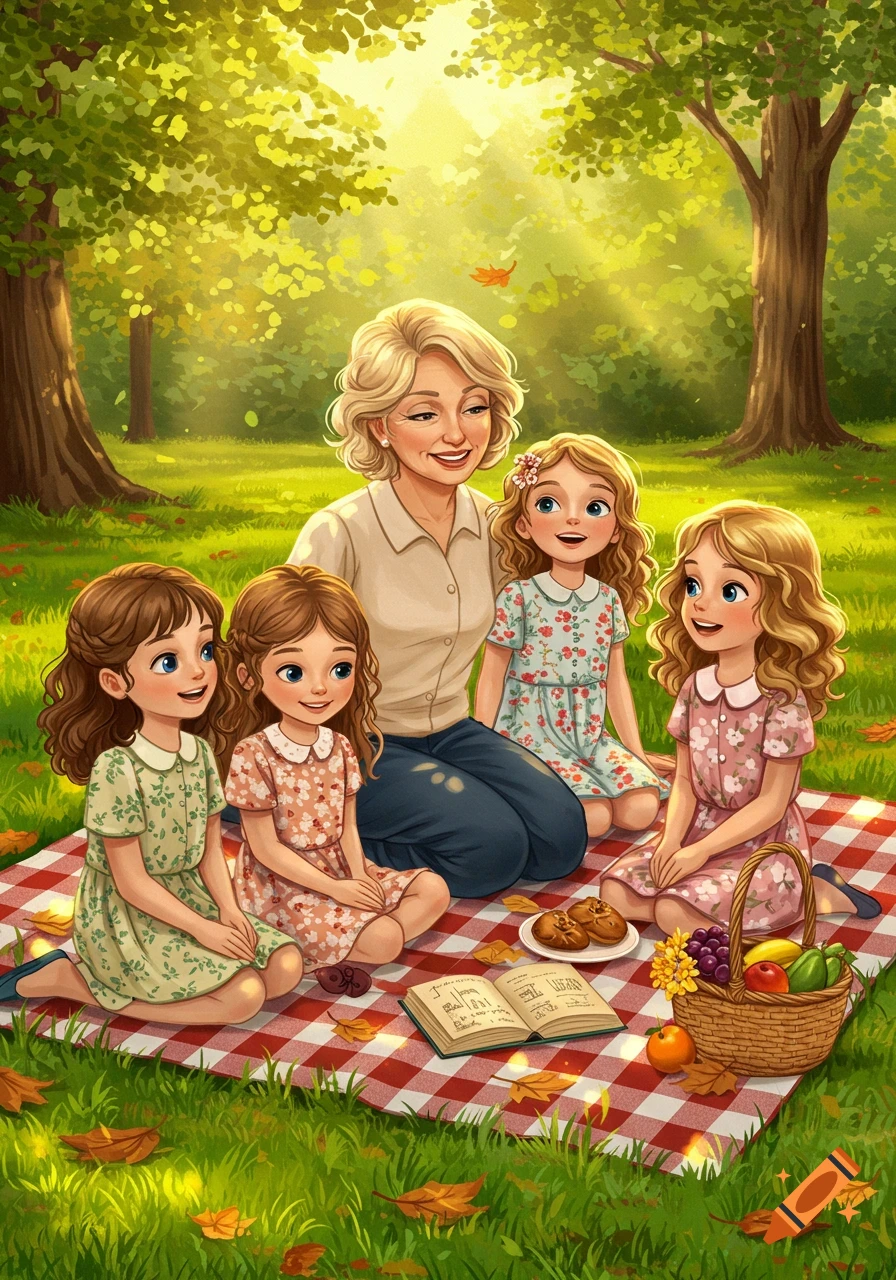 An illustration of a blonde grandmother and three granddaughters having a sunny picnic in a park.