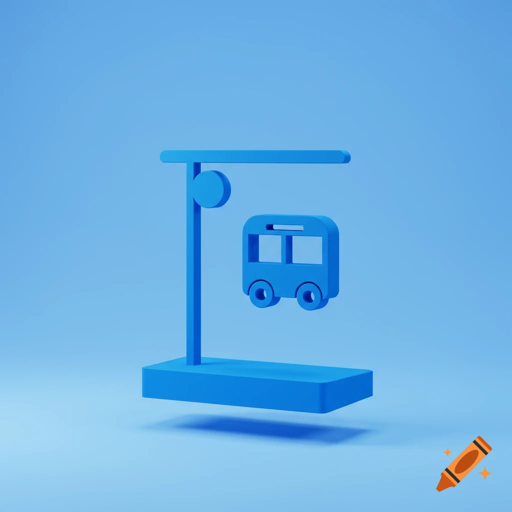 A minimalist 3D blue icon of a bus stop with a bus symbol.
