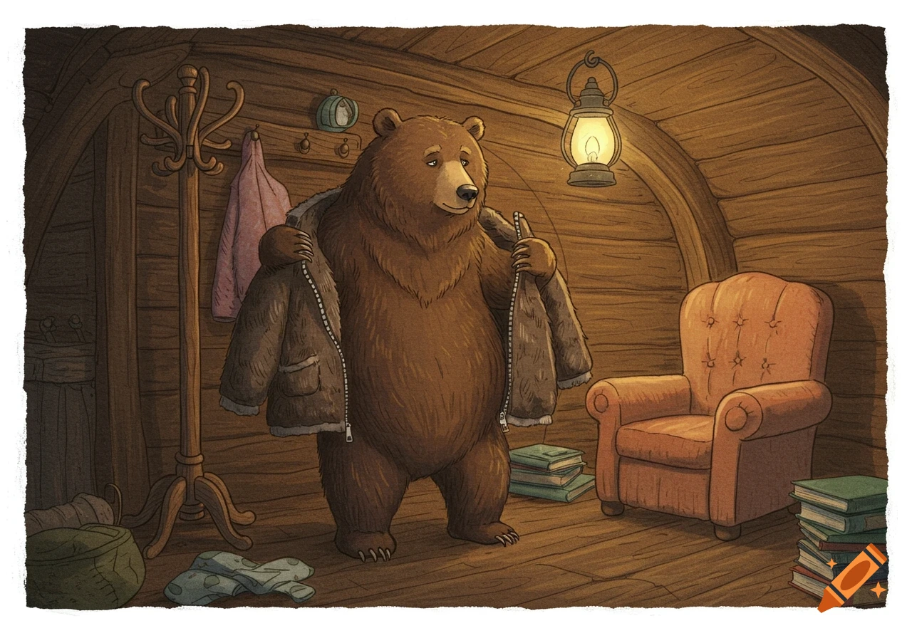 A whimsical illustration of a brown bear in a cozy, rustic den, unzipping its fur coat next to a wooden coatrack and armchair.