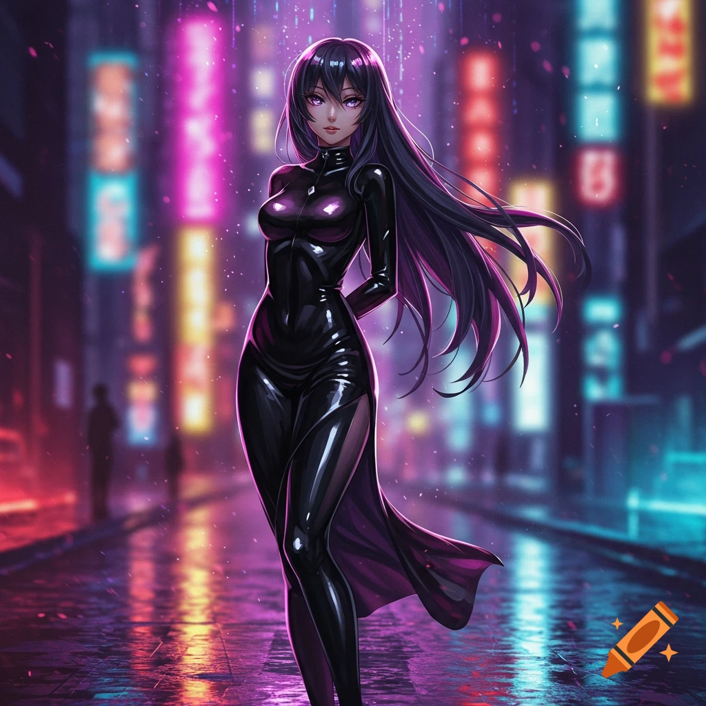 Anime girl with long dark hair and purple eyes, wearing a black latex dress, stands on a wet street at night under vibrant neon lights.