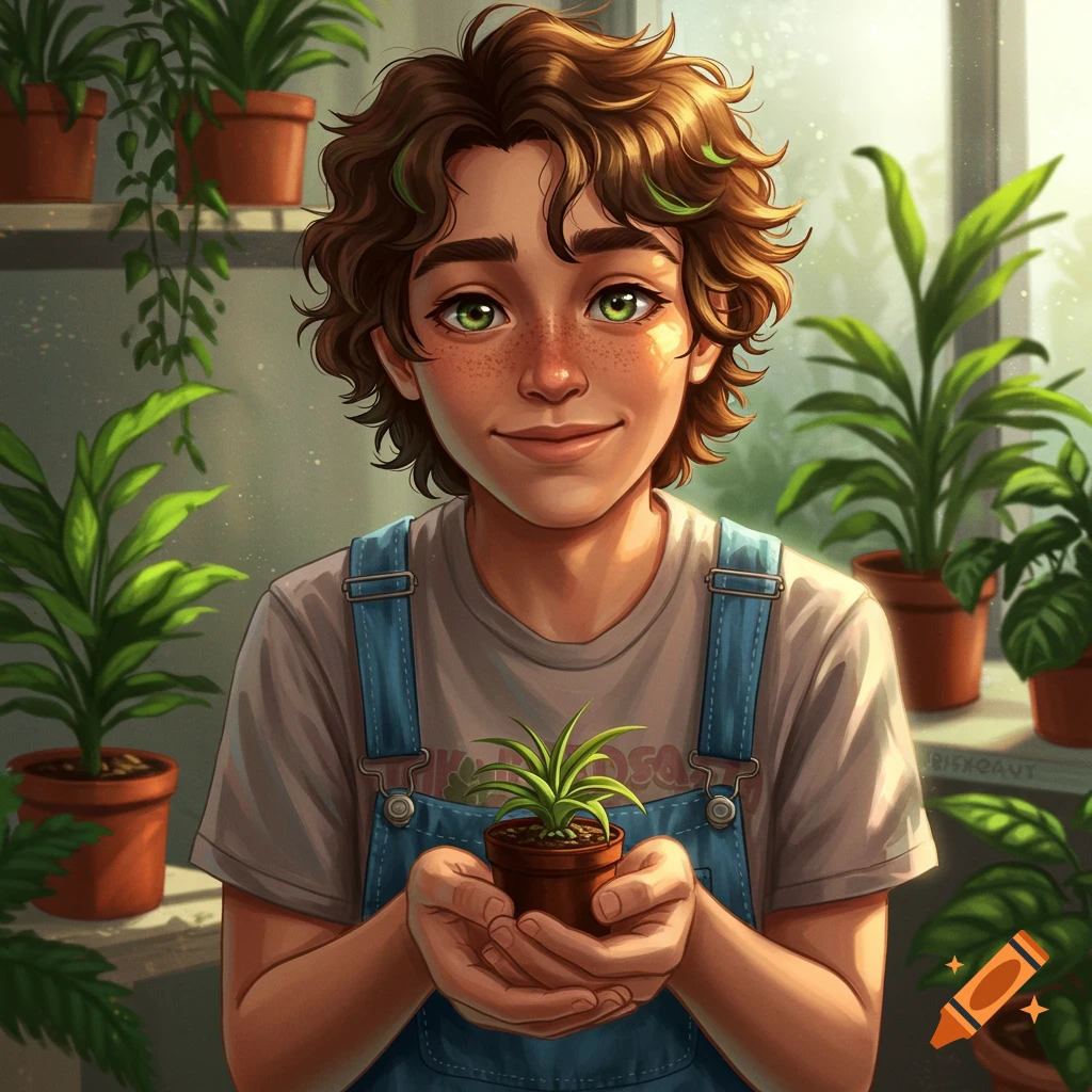 A smiling young person with curly brown hair and green highlights holds a small potted plant in a sunny room filled with greenery.