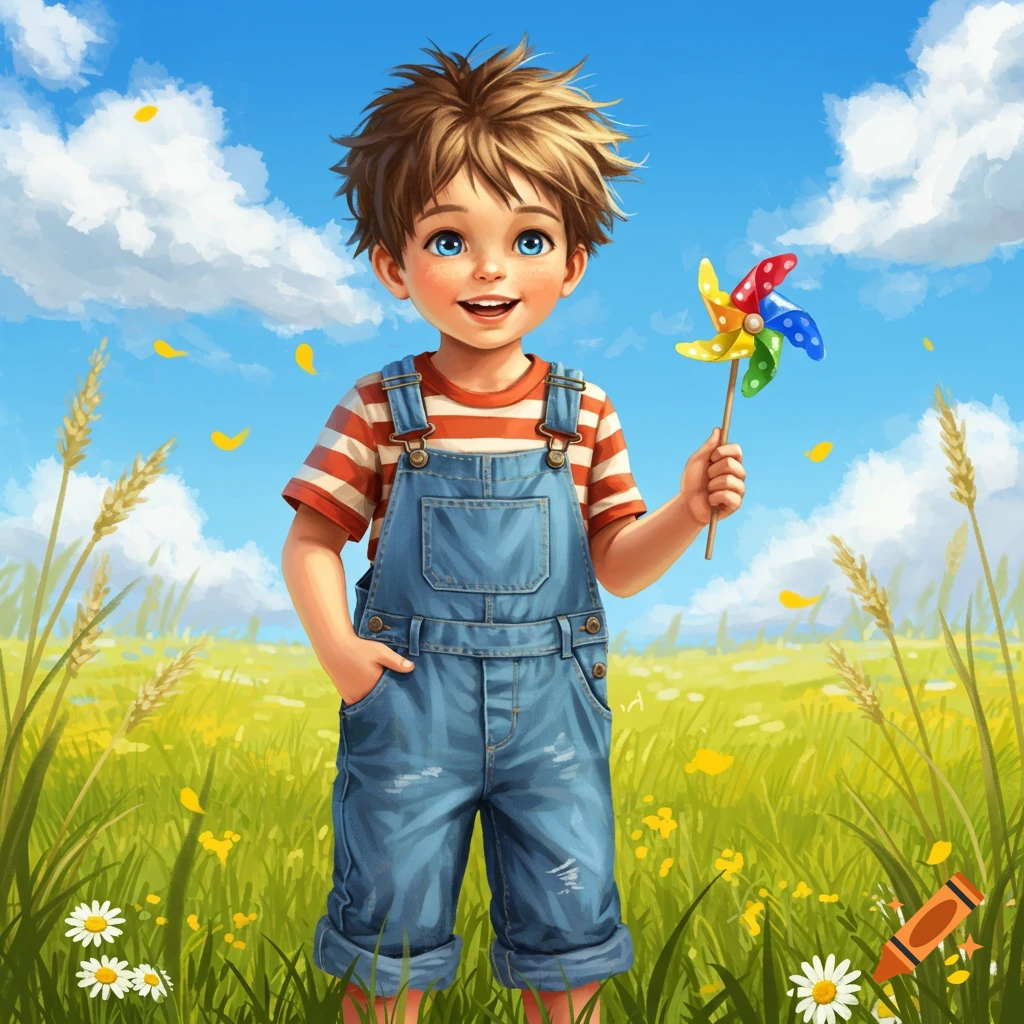 A happy young boy in overalls holds a colorful pinwheel in a sunny green field under a blue sky, in a stylized illustration.