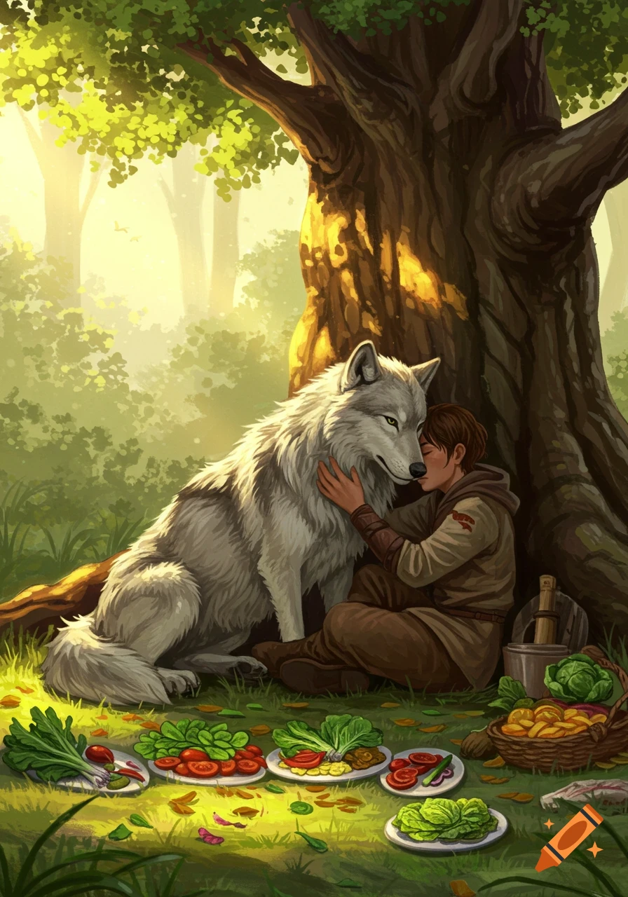 Illustrated fantasy scene of a person cuddling a wolf under a large tree, surrounded by plates of vegetables in a sunlit forest.