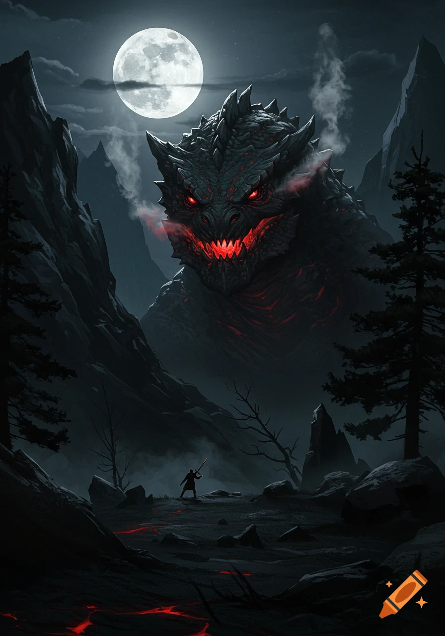 A colossal, red-eyed dragon looms over a small warrior under a full moon in a dark, mountainous fantasy landscape.