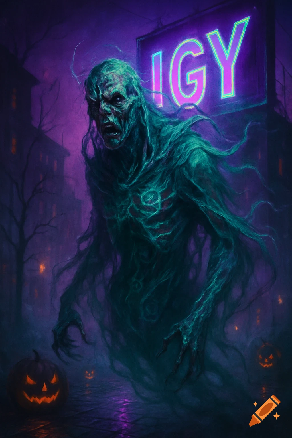 A gaunt, green-skinned ghost-like creature with glowing eyes stands on a misty street with jack-o'-lanterns and a neon "IGY" sign in a dark, spooky setting.