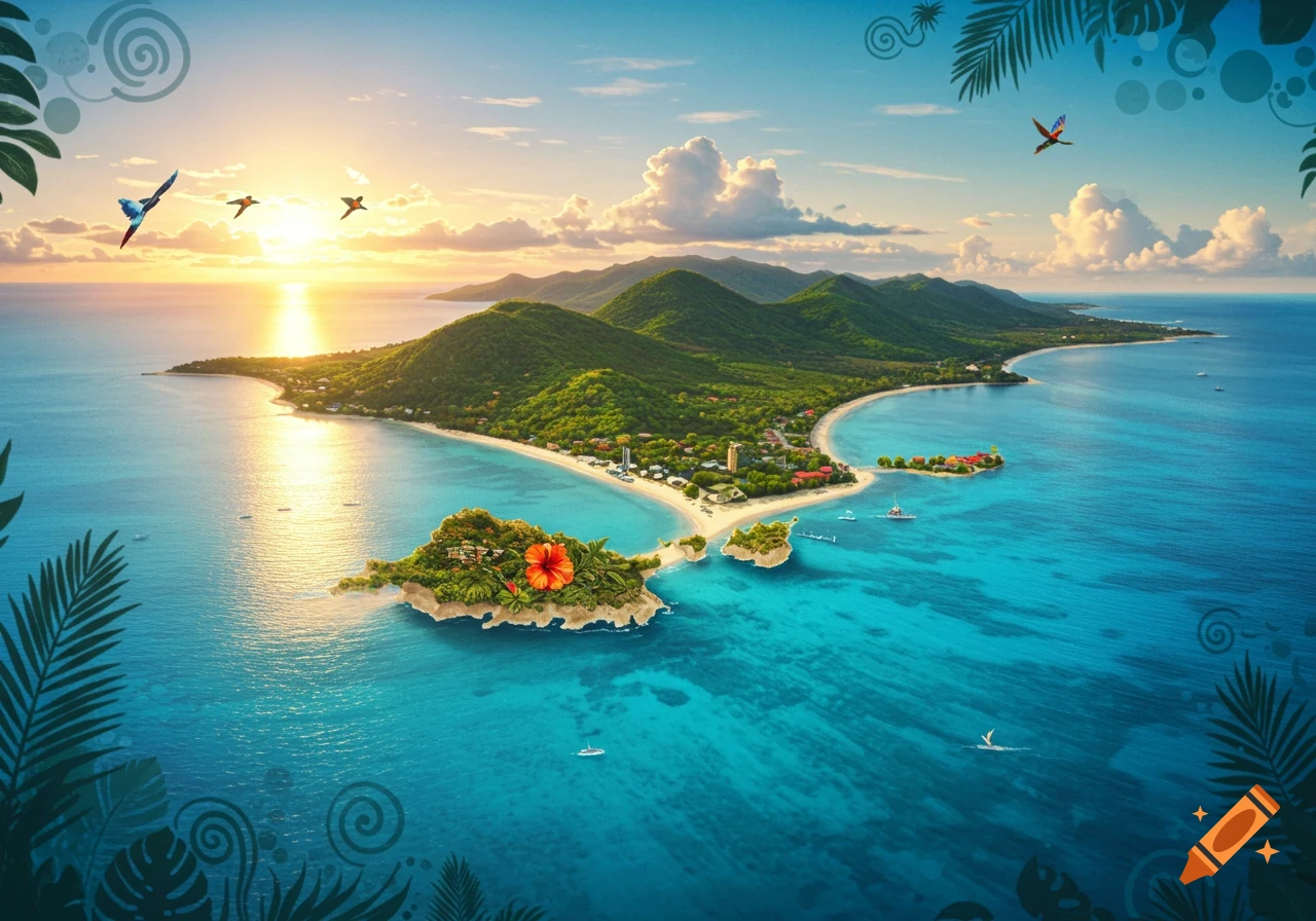 Aerial view of a vibrant tropical island at sunset, featuring lush green hills, clear turquoise water, and sandy beaches.