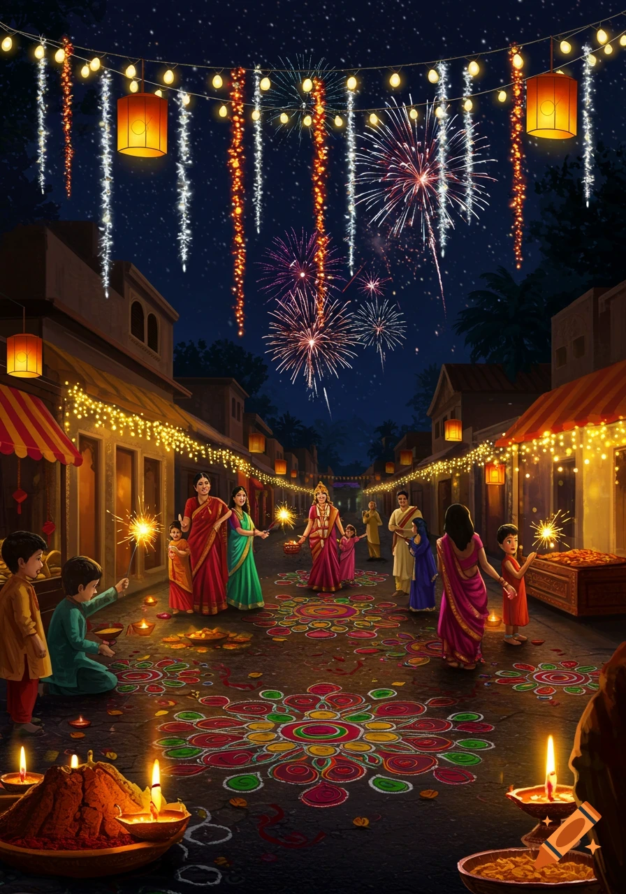 Vibrant Diwali night scene with people celebrating on a street adorned with glowing lanterns, fireworks, sparklers, and colorful rangoli.