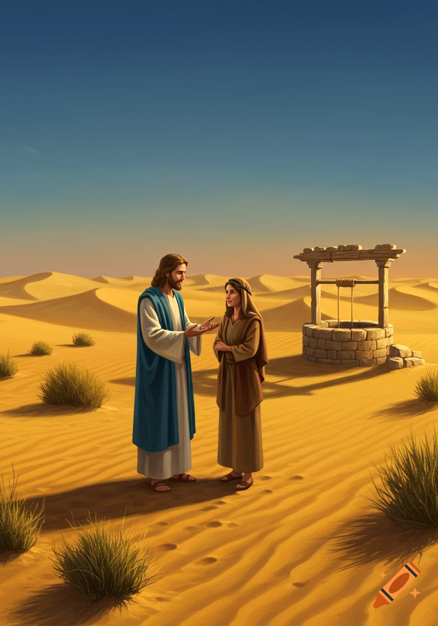 Illustration of Jesus talking to a woman in a desert with sand dunes and a stone well.