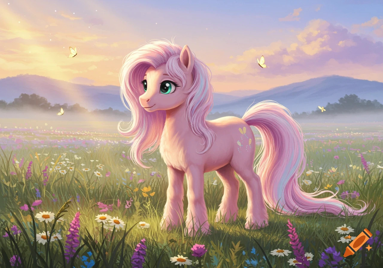 A pink pony with a flowing pink and blue mane stands in a field of wildflowers with butterflies at sunset, in a cartoon style.