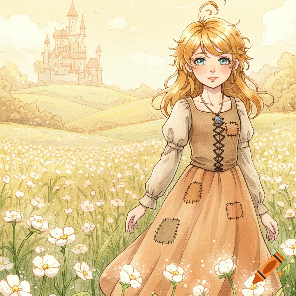 A young blonde girl in a patched dress stands in a field of glowing flowers with a whimsical castle in the background, watercolor style.