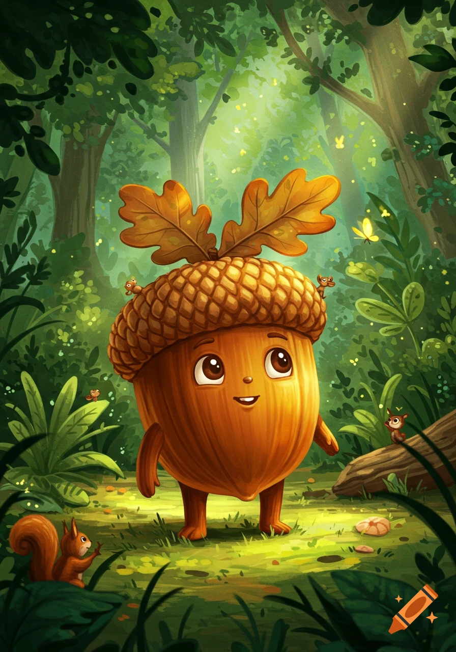 A cute, smiling anthropomorphic acorn with oak leaves on its head stands in a sun-dappled forest, observing a squirrel and tiny forest creatures.