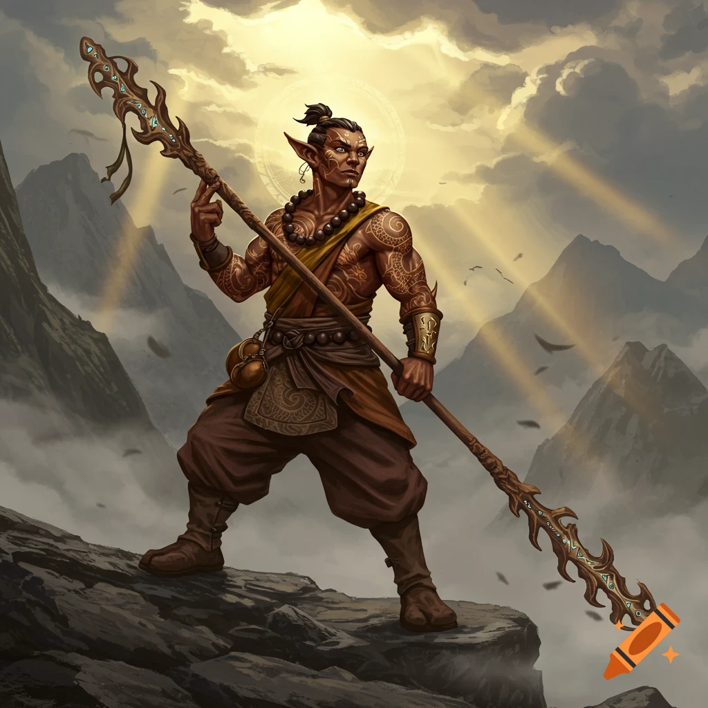 A muscular, tattooed fantasy monk with pointed ears and a top knot, holding a quarterstaff on a rocky mountain under a dramatic sky.