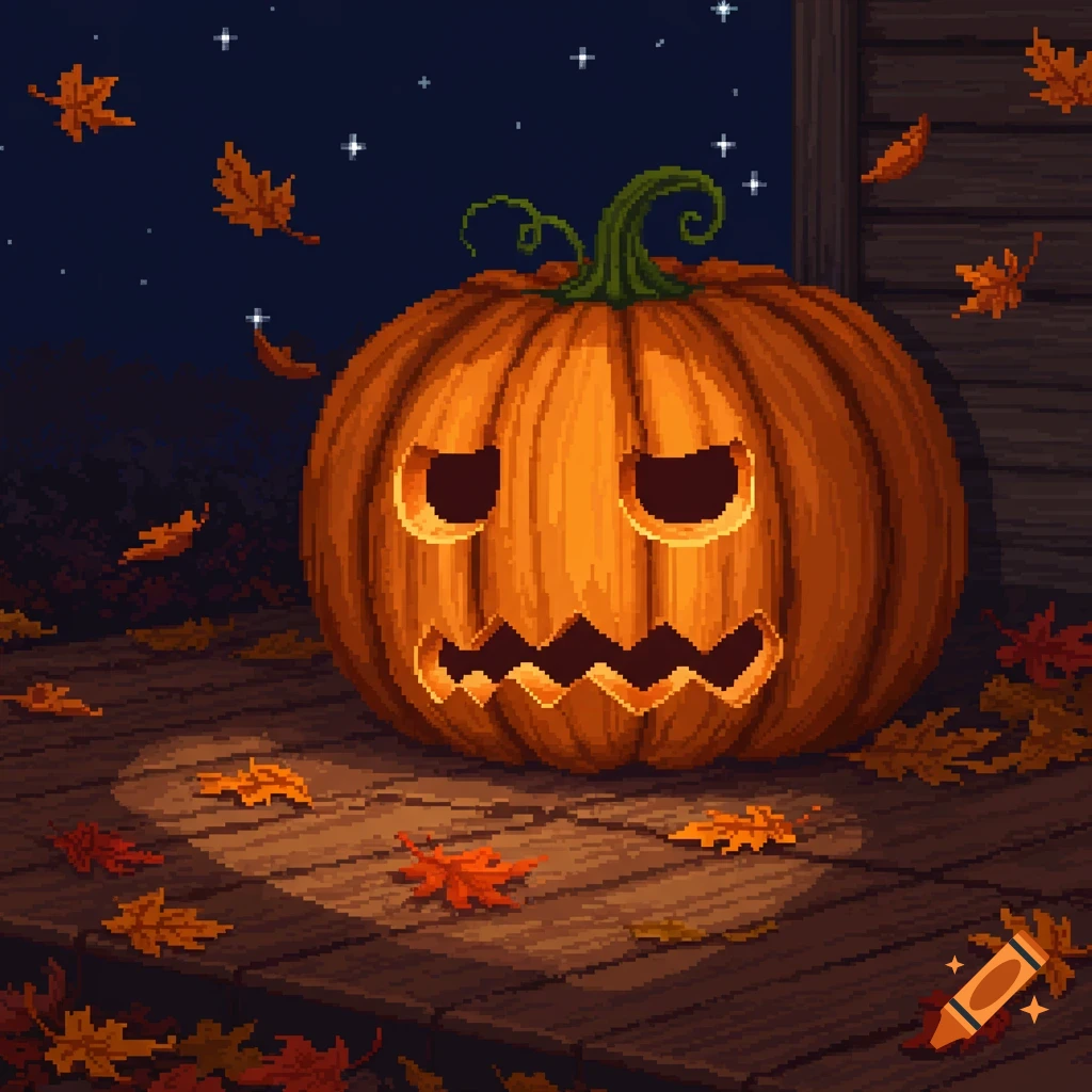 A pixel art jack-o'-lantern with a sad frown sits on a wooden deck surrounded by autumn leaves under a starry night.