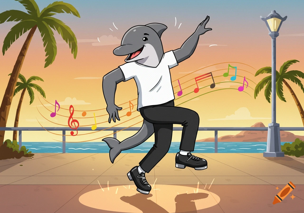 Happy anthropomorphic cartoon dolphin tap dancing on a promenade by the ocean with palm trees, at sunset.