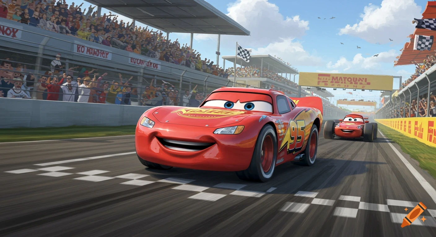 Lightning McQueen races on a track, smiling, with a smaller red car behind him and cheering spectators in the stands under a blue sky.