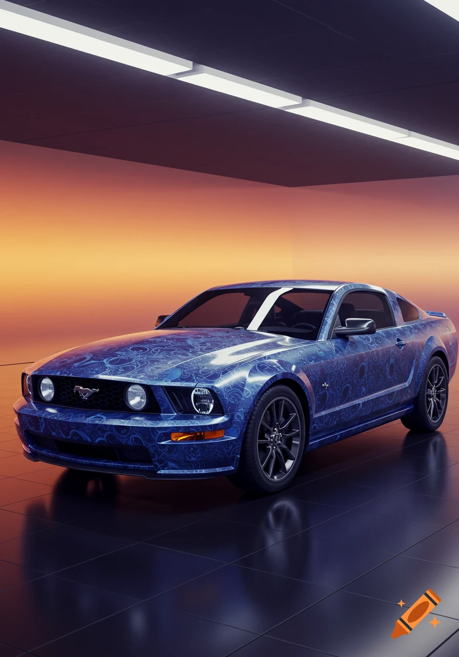 A blue Ford Mustang GT with a detailed fractal pattern is parked in a garage with orange and blue lighting.