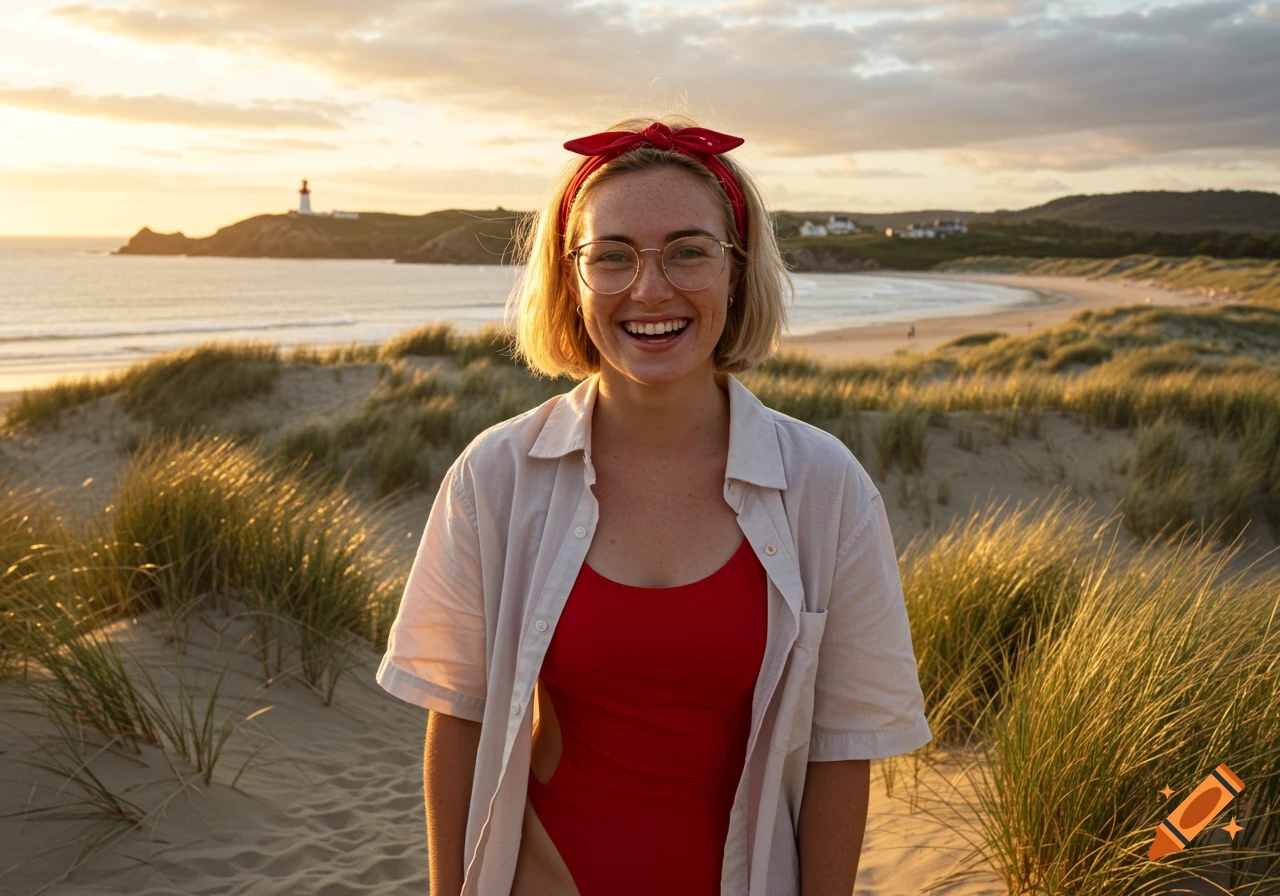 Photorealistic portrait of a smiling woman in a red swimsuit and open shirt on a grassy dune at sunset, a beach and lighthouse in the background.