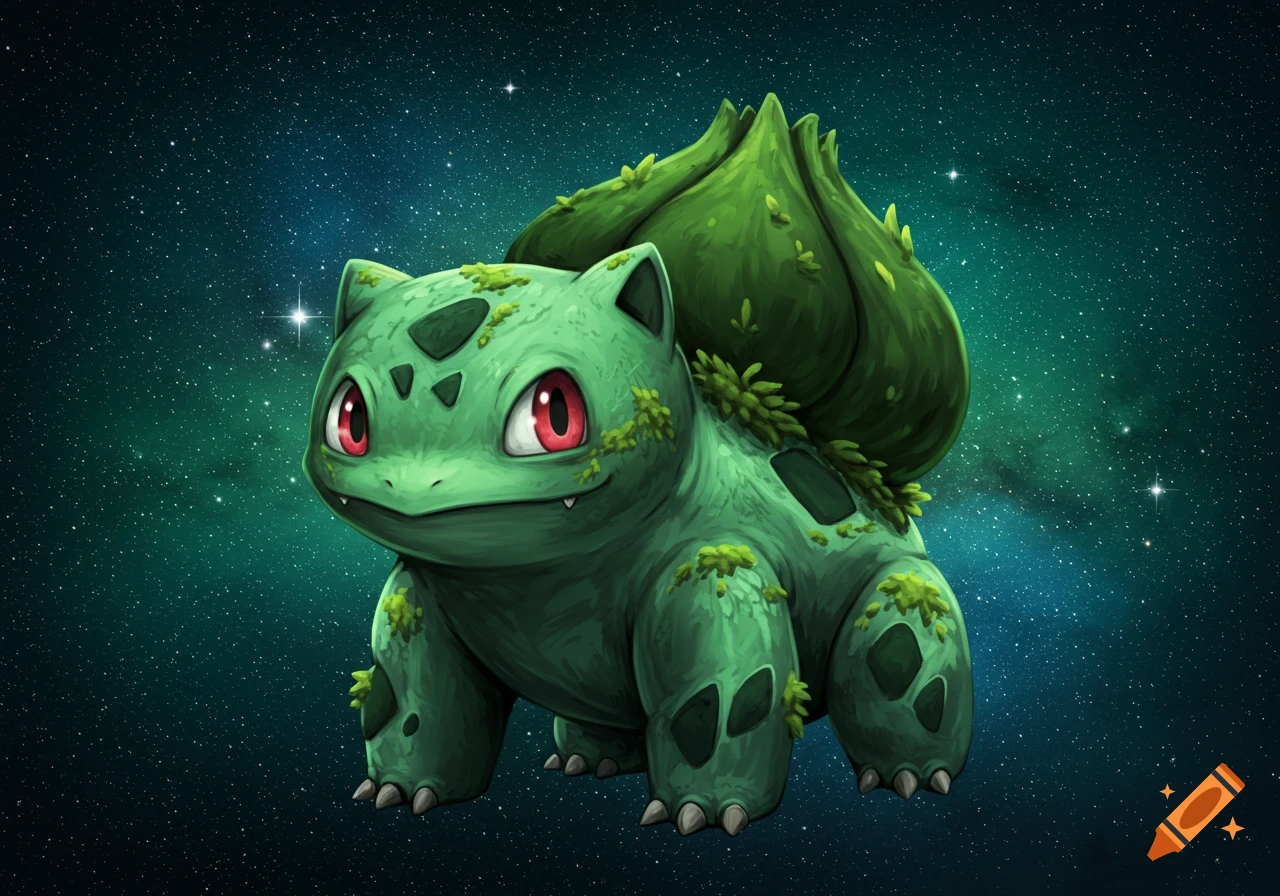 A tough-looking green Bulbasaur against a starry cosmic background.