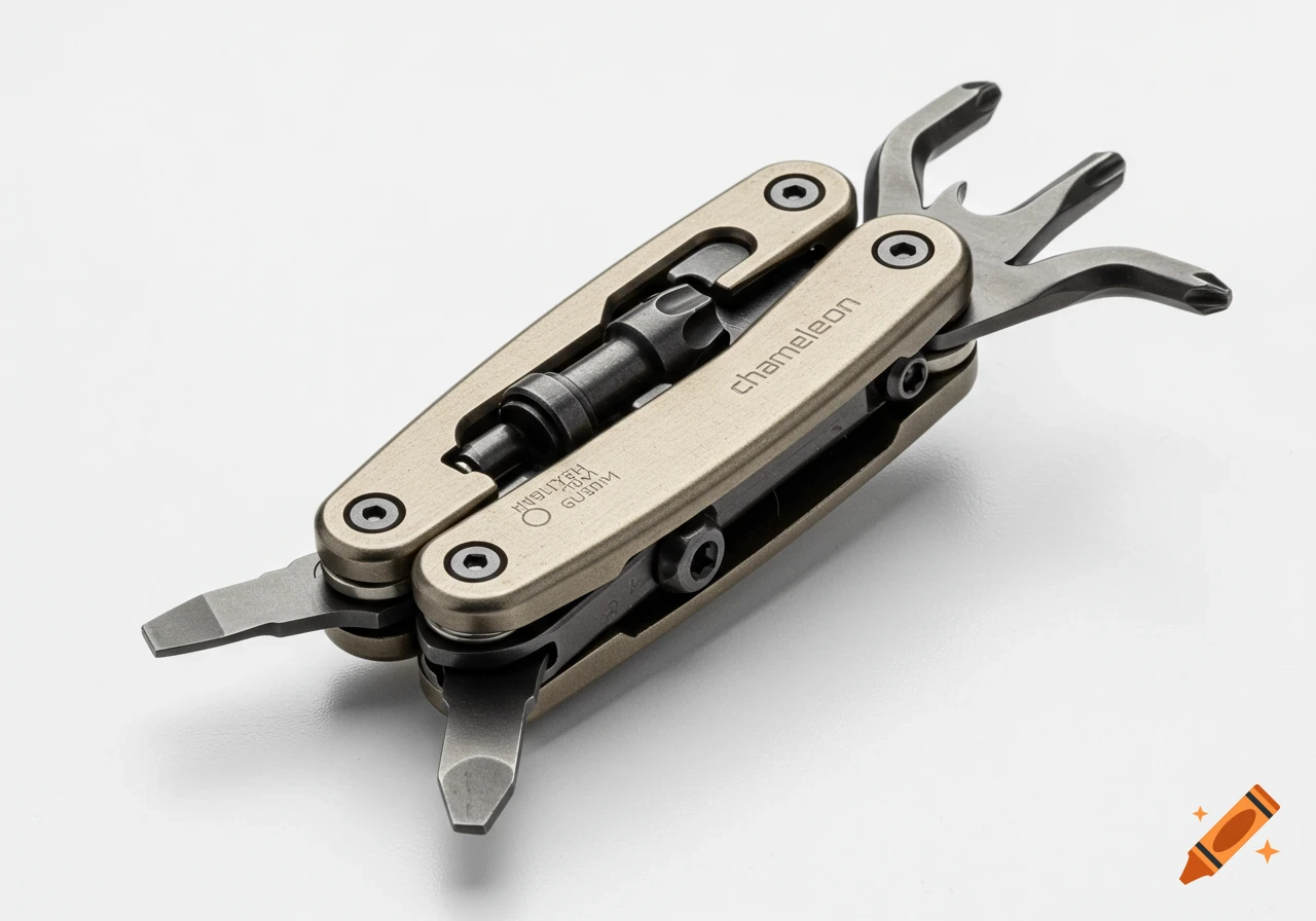 A beige and dark grey titanium multi-tool, partially unfolded, against a white background. It features various tool heads and bits, with 'chameleon' text engraved on the side.