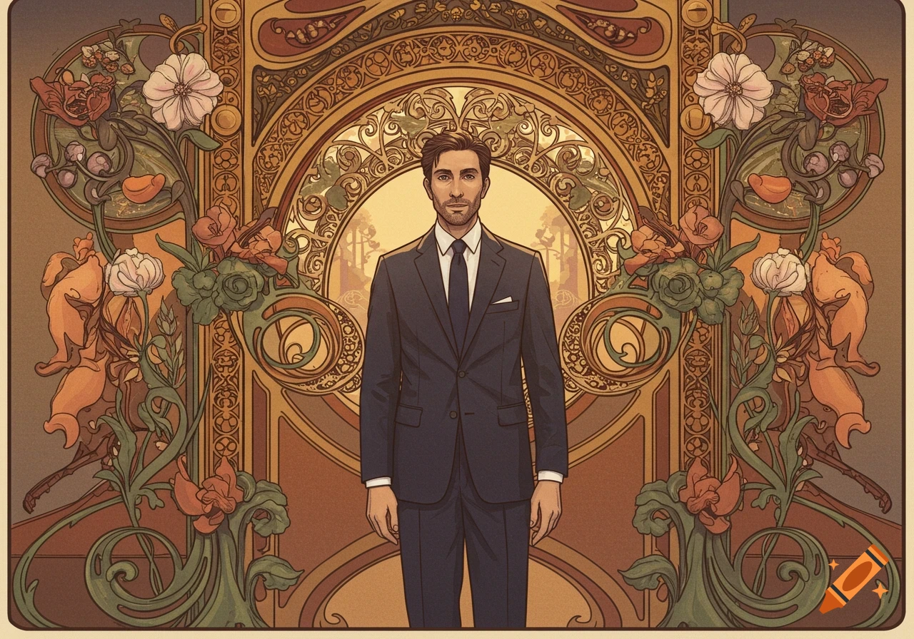 A man in a dark suit stands centrally in a highly detailed Art Nouveau design featuring ornate floral patterns and intricate golden arches.