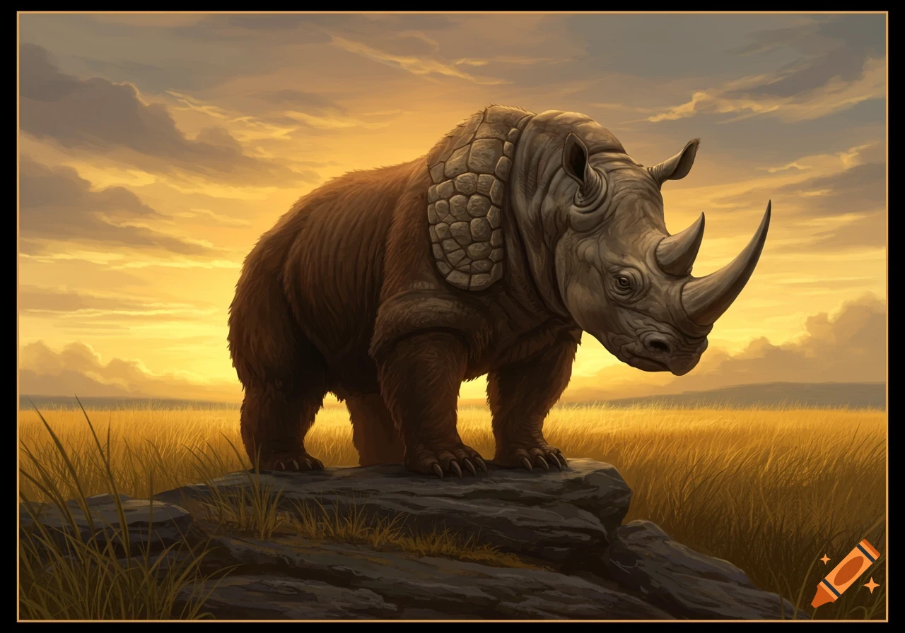 A furry rhino-bear hybrid with armored shoulders stands on rocks in a golden savanna at sunset.