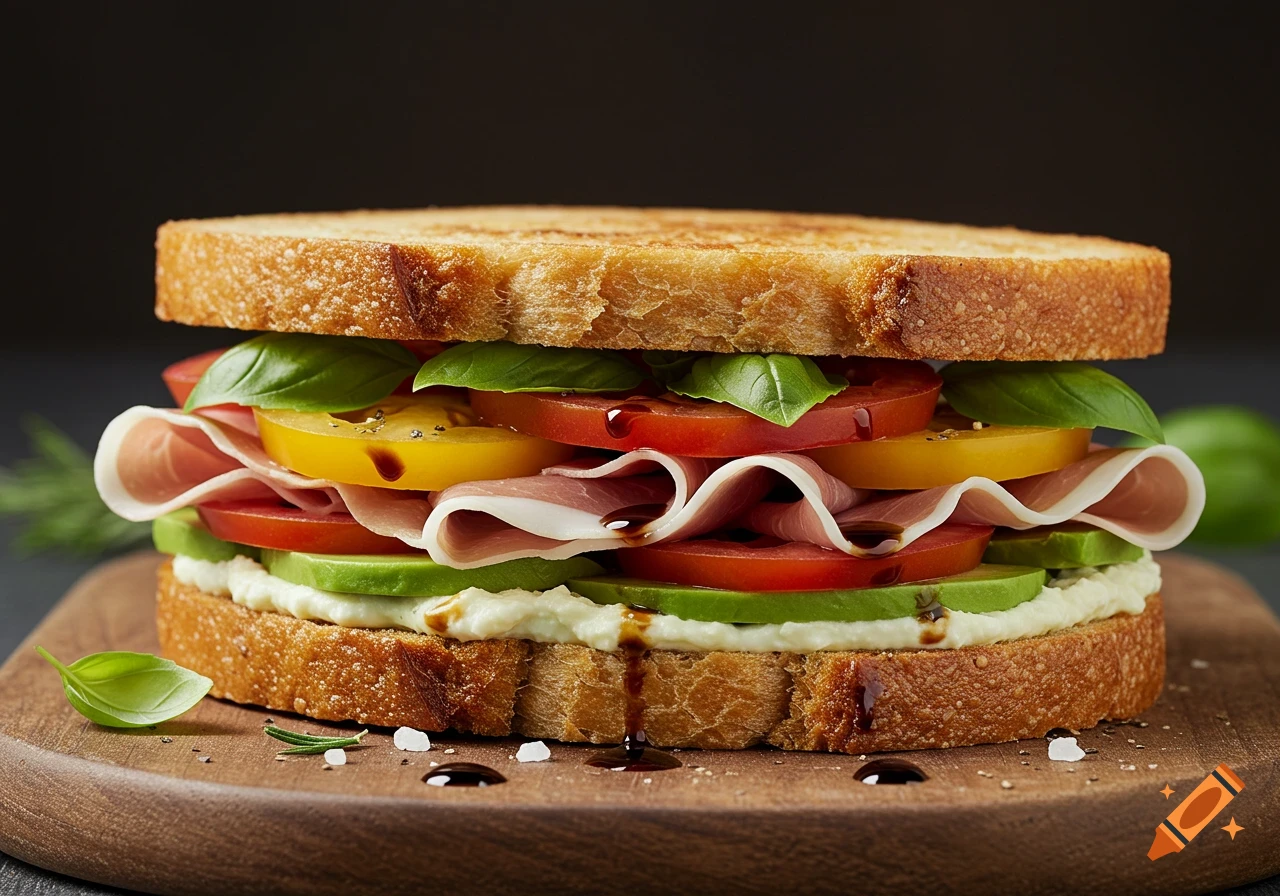 Photorealistic gourmet sandwich with prosciutto, tomatoes, avocado, basil, and balsamic glaze on toasted bread and a wooden board.