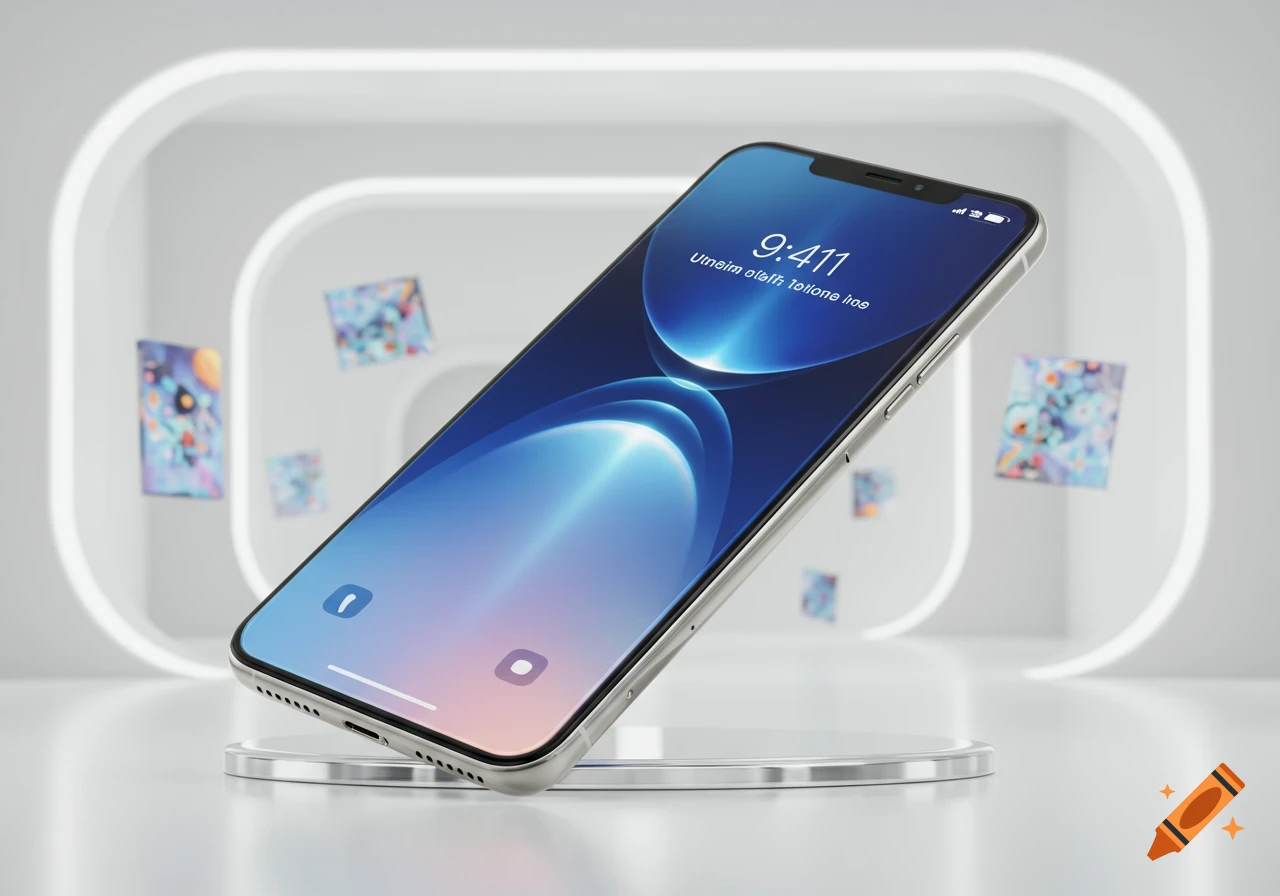 A futuristic silver iPhone 18 Pro displaying a blue-pink wallpaper and digital time on a metallic stand in a minimalist white arched room.