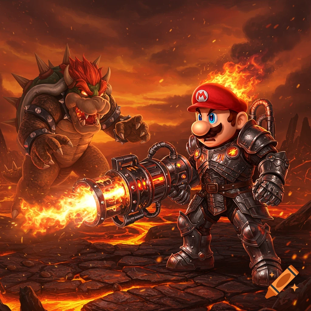 Armored Mario with a flamethrower battles Bowser amidst lava and fire in a hellish landscape, digital art.