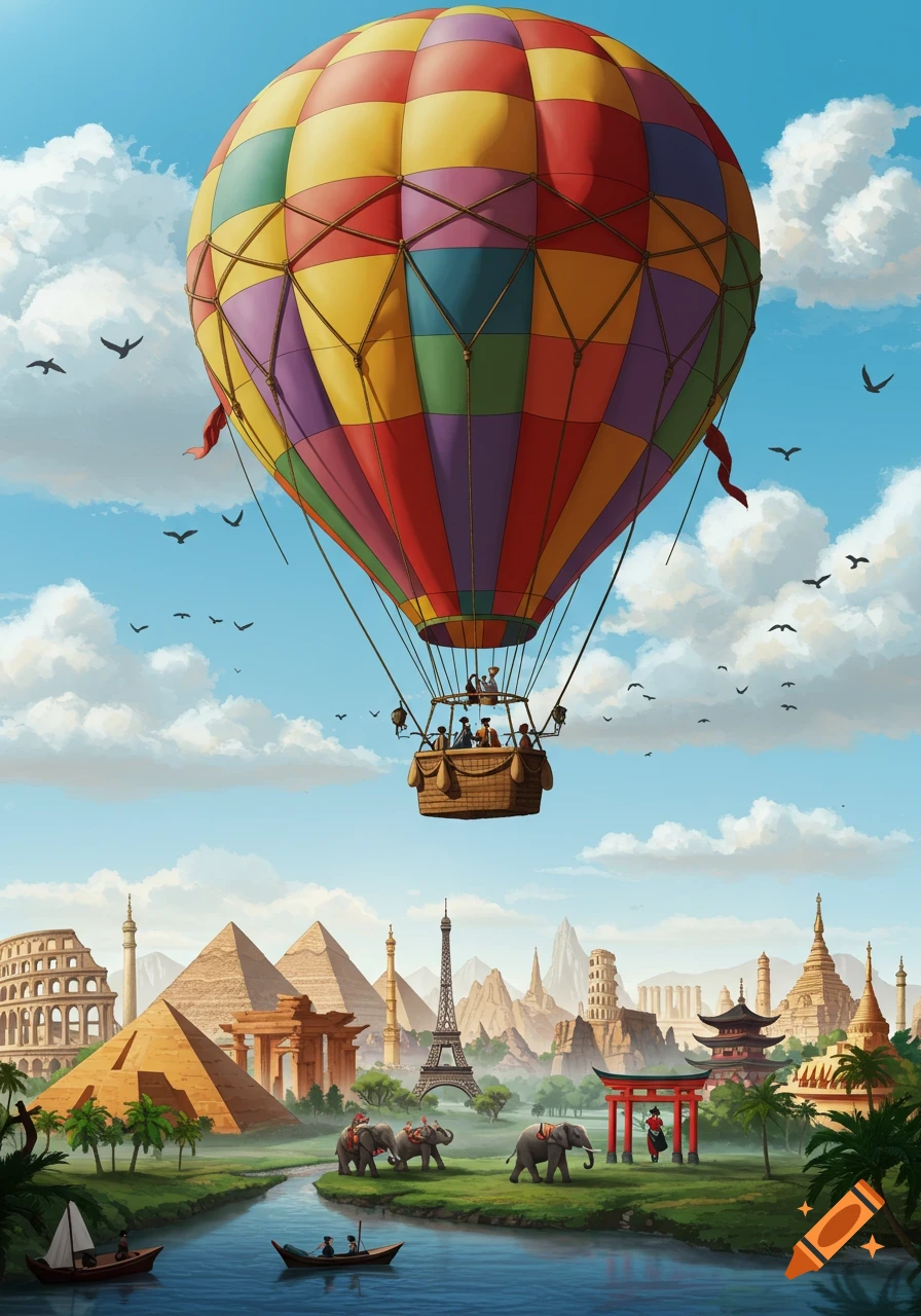 A vibrant hot air balloon soars above a global landscape merging landmarks like the Eiffel Tower, pyramids, Colosseum, and pagodas, with a river and elephants. Illustrated.