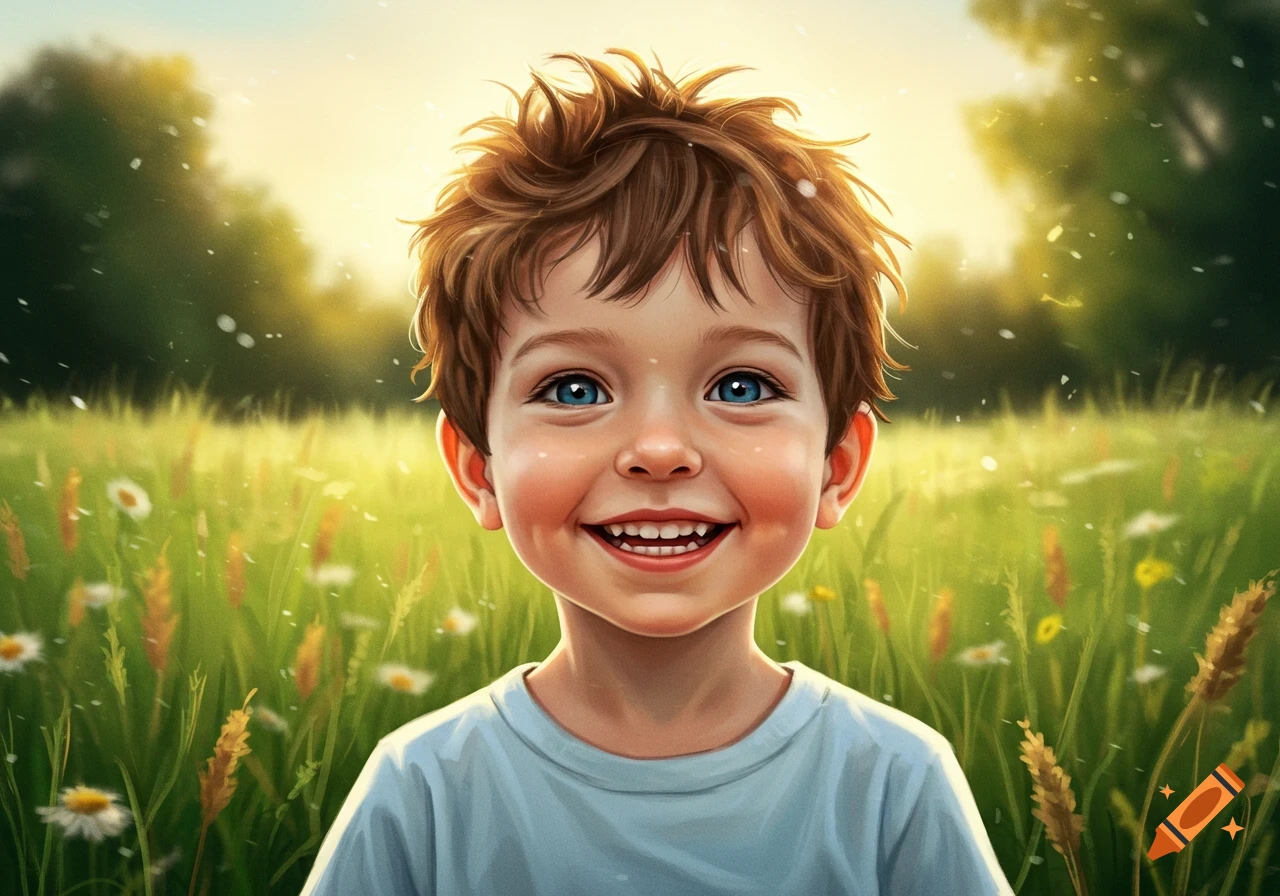 Smiling boy with brown hair and blue eyes in a sunny green field with flowers, stylized illustration.