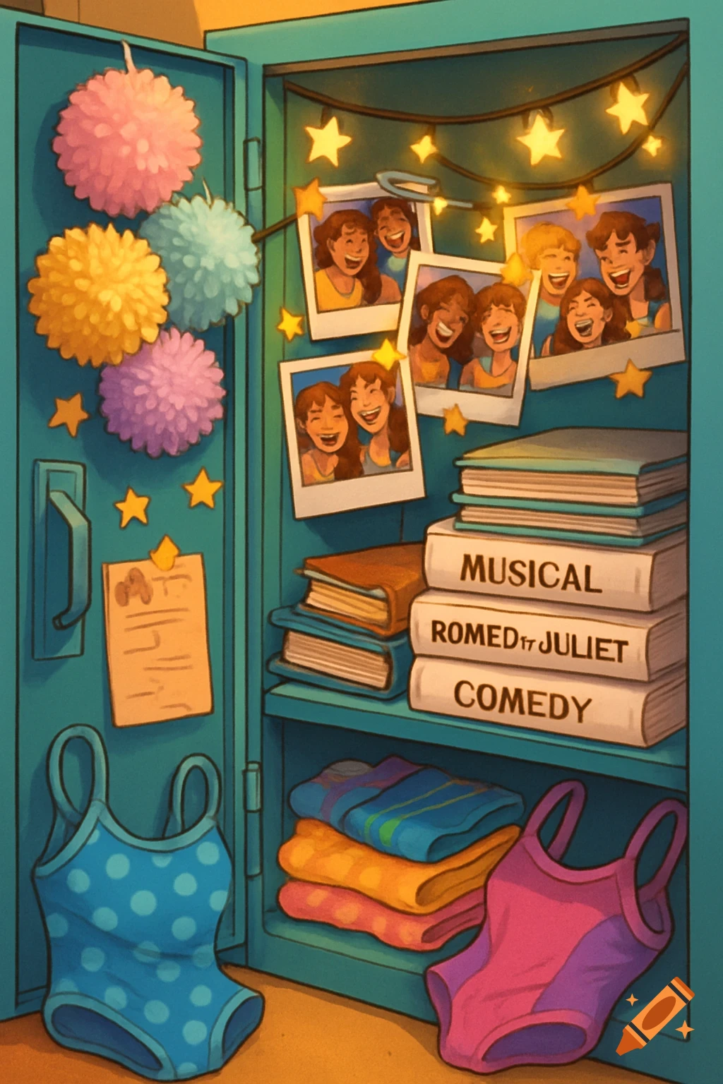 A colorful cartoon illustration of an open school locker filled with pom-poms, photos, books, folded clothes, and two swimsuits.