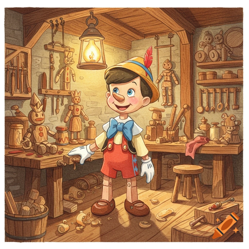 Pinocchio, in a red and yellow outfit, smiles in a cluttered woodworking shop with wooden puppets and tools, watercolor style.