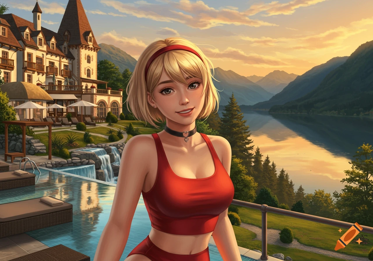 Anime woman in a red swimsuit by a pool, overlooking a lake, mountains, and a castle hotel at sunset.