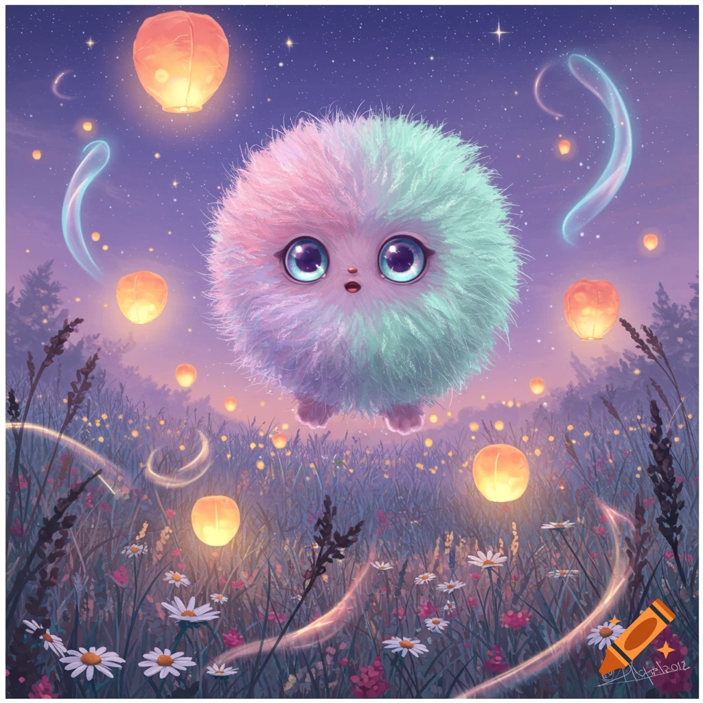 A fluffy, two-toned (pink and mint green) creature with large, blue eyes floats over a field of wildflowers at night, surrounded by glowing orange lanterns and ethereal blue wisps under a starry sky.