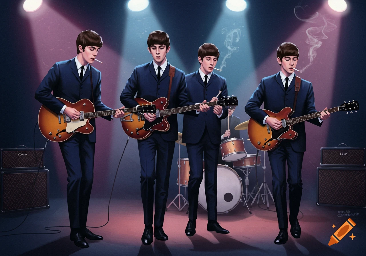 Four young men in suits, resembling The Beatles, play guitars on a dimly lit stage with a drum set in the background. Some are smoking, with smoke rising in the spotlights.