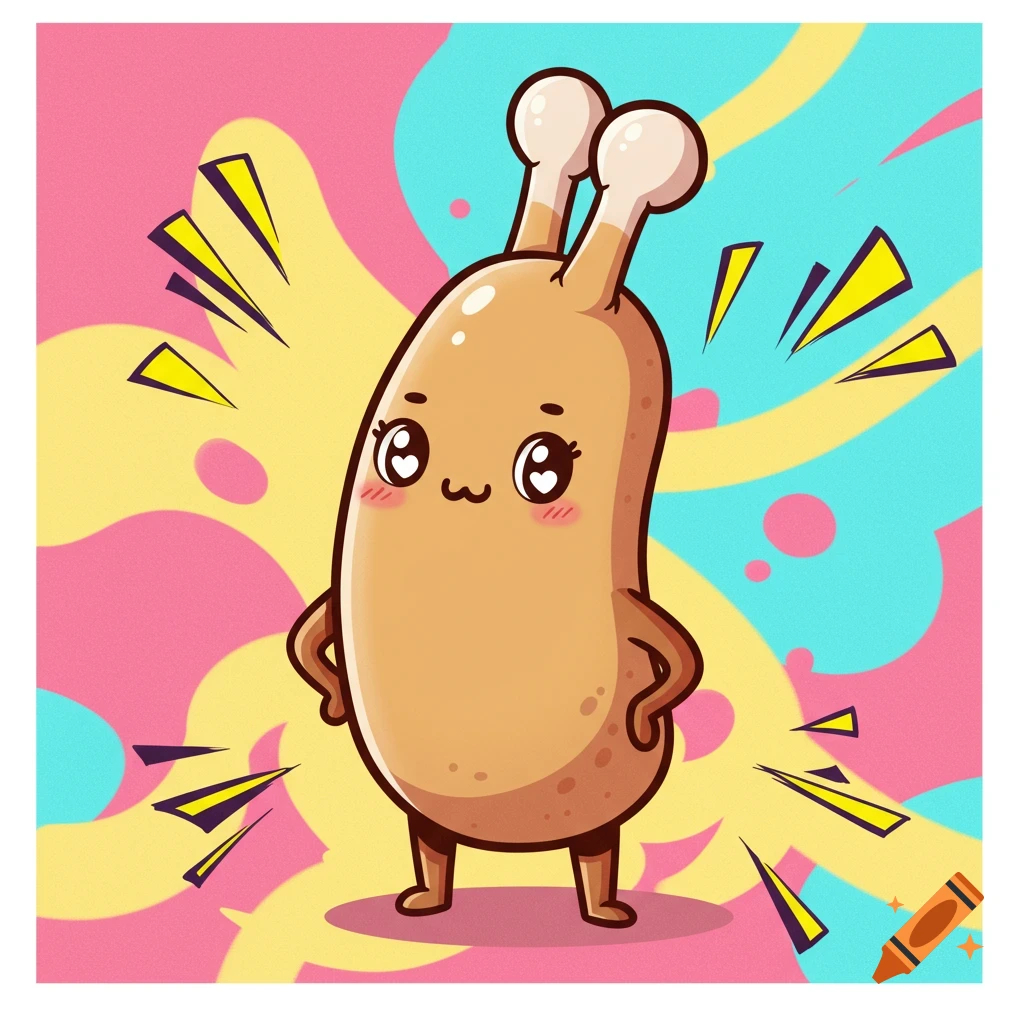 A cute, brown cartoon creature with heart eyes and antennae stands against a vibrant pink, yellow, and blue abstract background with radiating lines.