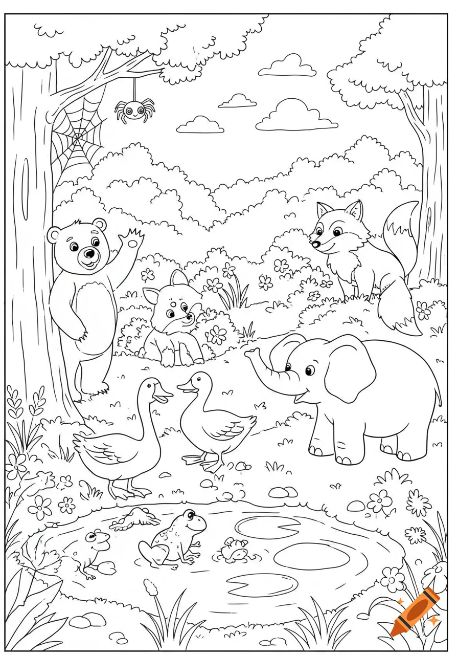 A black and white children's coloring page of a forest scene with a bear, foxes, an elephant, geese, frogs, a spider, and a tadpole in a pond.