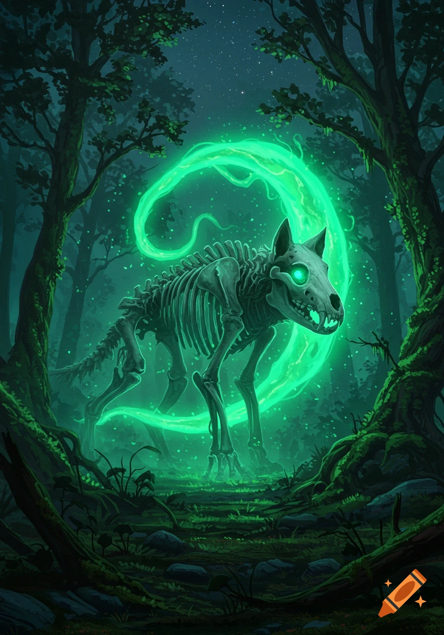 A skeletal wolf with glowing green eyes and a green aura stands in a dark, mystical forest at night, surrounded by trees.