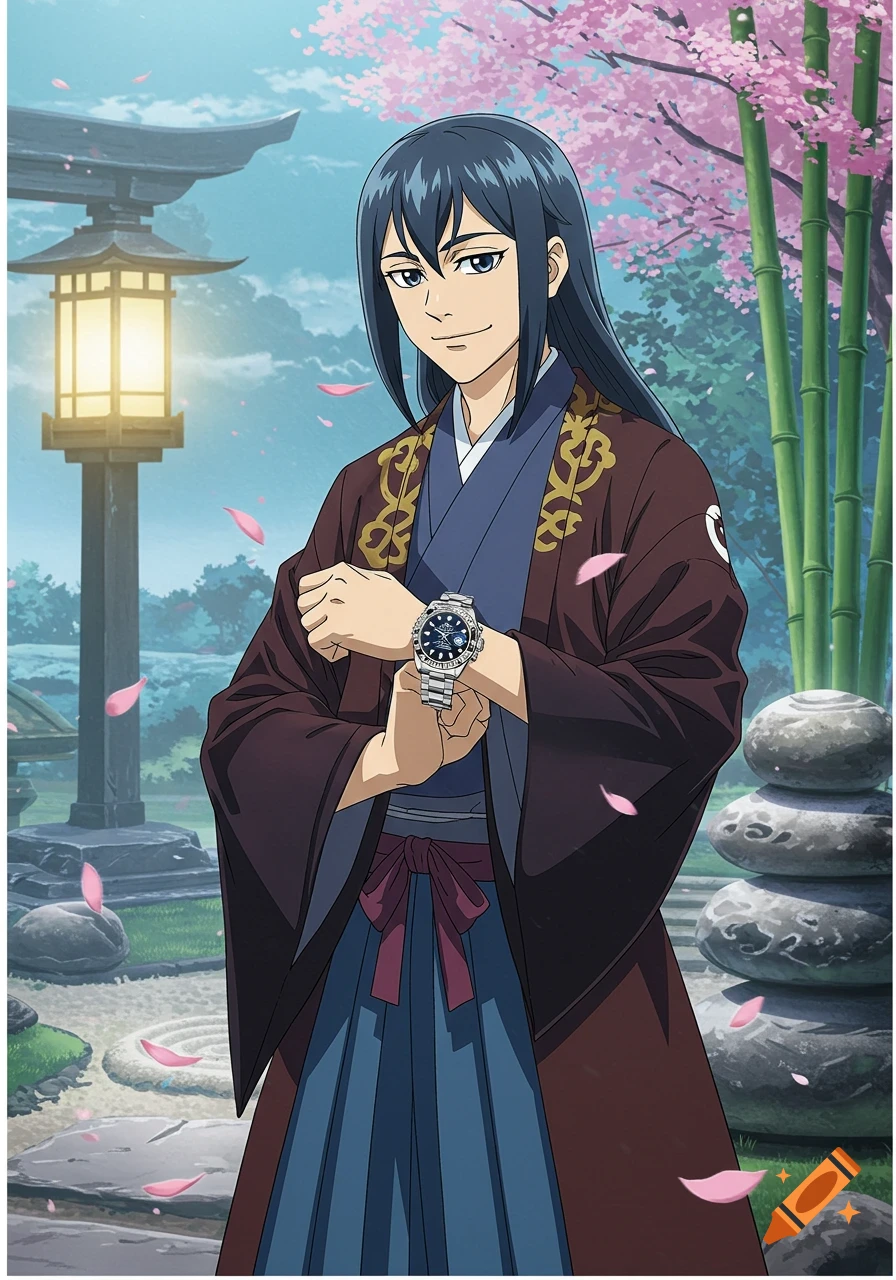 An anime man with long dark hair, wearing traditional Japanese robes, holds a silver watch in a garden setting with cherry blossoms and bamboo.